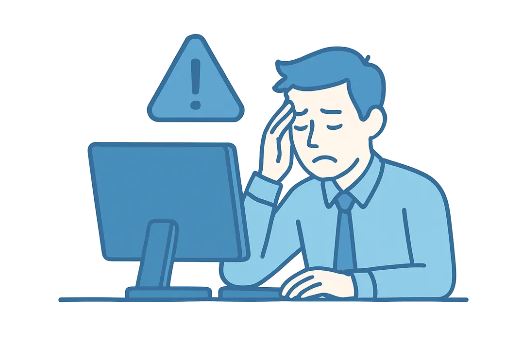 Illustration eines gestressten Mitarbeiters vor einem Computer mit Warnsymbol – symbolisiert IT-Probleme, Ausfallzeiten und Sicherheitsrisiken in Unternehmen.