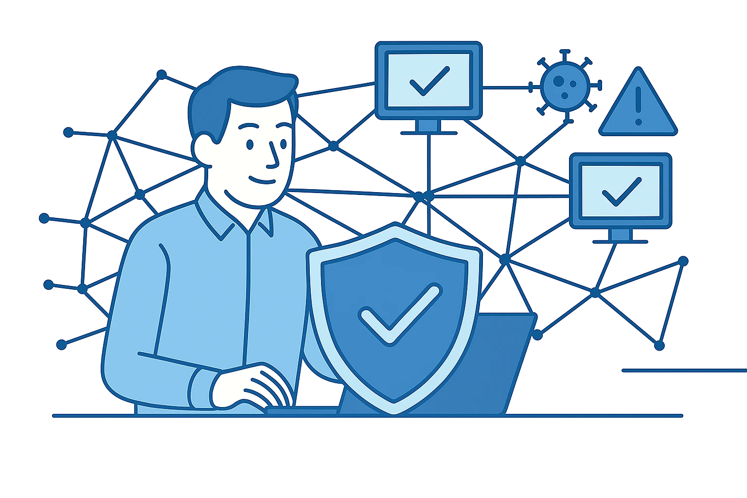 Ein IT-Administrator schützt ein Netzwerk mit einem digitalen Schild, während Bedrohungen wie Viren und Warnsymbole abgewehrt werden.