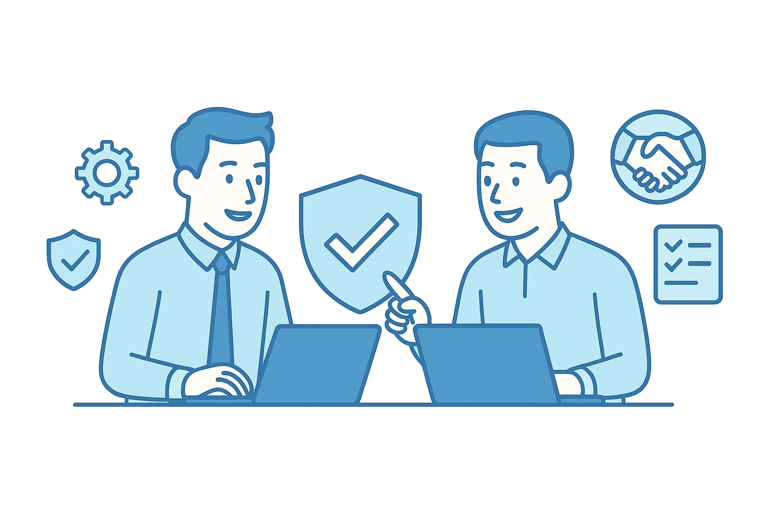 Zwei Geschäftspartner besprechen IT-Projekte an Laptops, mit Symbolen für Partnerschaft, Vertrauen und Sicherheit.