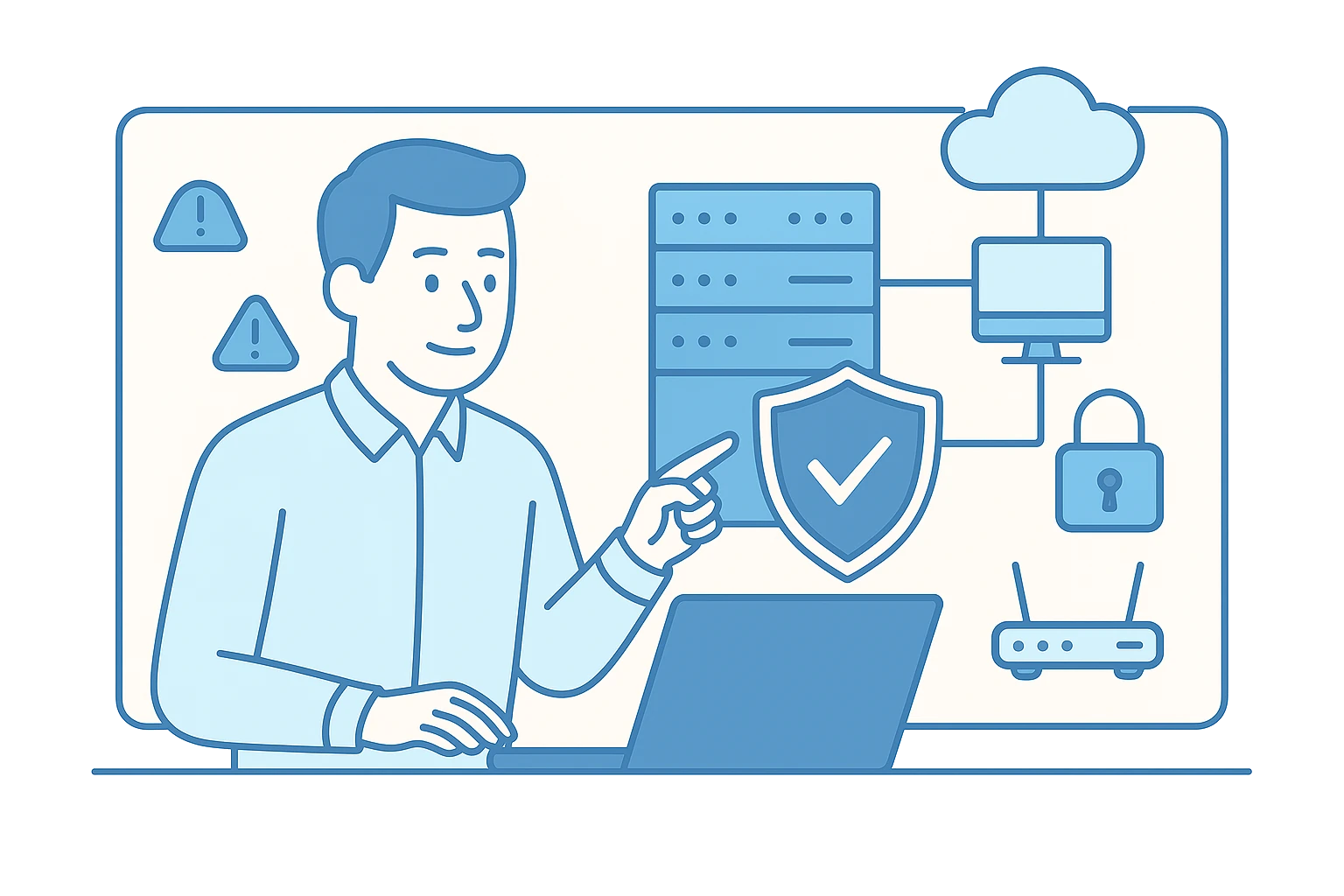 IT-Spezialist zeigt auf ein Serversystem mit Sicherheitssymbolen, Cloud und Schloss – symbolisch für eine geschützte IT-Infrastruktur.