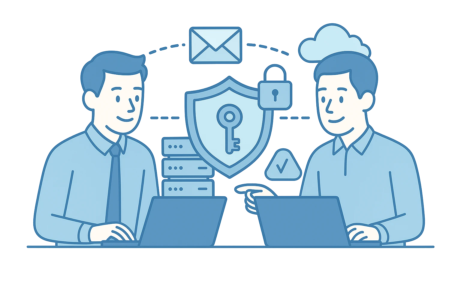 Zwei Mitarbeiter kommunizieren über Laptops mit zentralem Schloss- und Schlüsselsymbol, das sichere PKI-Verschlüsselung darstellt.