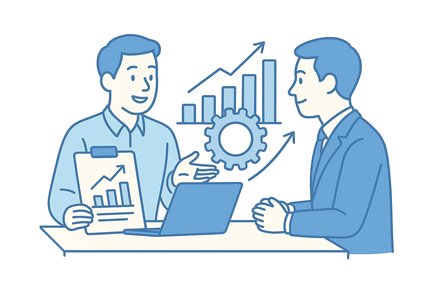 Berater erklärt einem Unternehmer ein wachsendes Diagramm mit Zahnrad – Symbol für skalierbare IT-Sicherheitskonzepte.