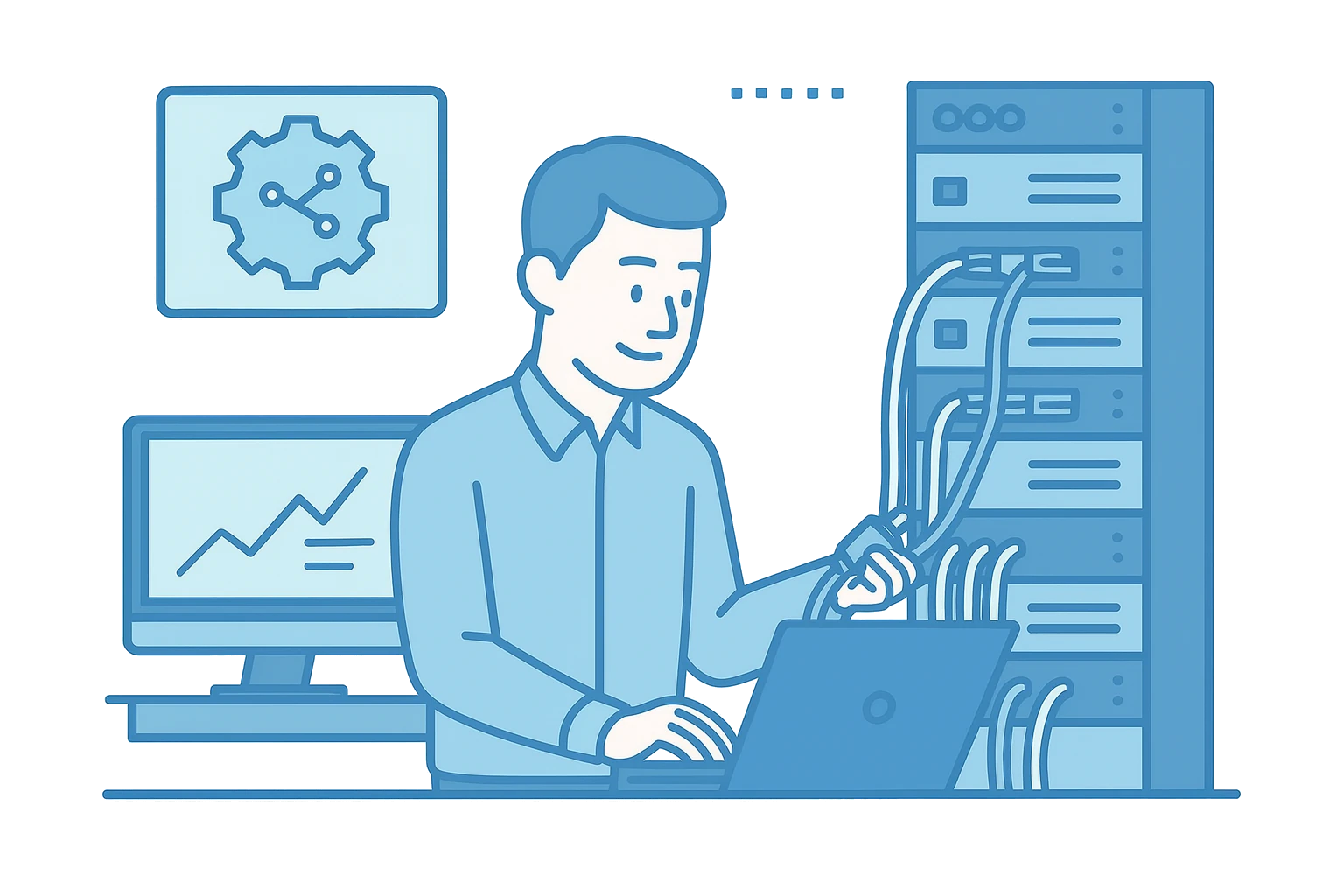 Ein IT-Techniker von Matoni IT überprüft Server und Netzwerkkabel, um die IT-Systeme eines Unternehmens zu warten und zu optimieren.