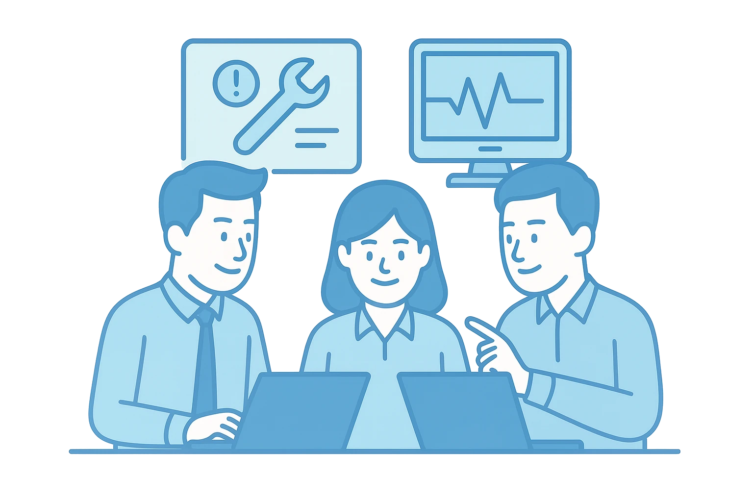 Ein IT-Team von Matoni IT arbeitet gemeinsam an Laptops, während Monitore Systemüberwachung und Wartungssymbole zeigen – Symbol für produktiven und stabilen IT-Support.