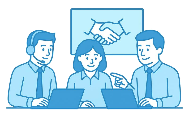 Drei IT-Spezialisten von Matoni IT – eine Frau in der Mitte, zwei Männer an den Seiten – arbeiten gemeinsam an Laptops und symbolisieren durch einen Handschlag Partnerschaft und Vertrauen.