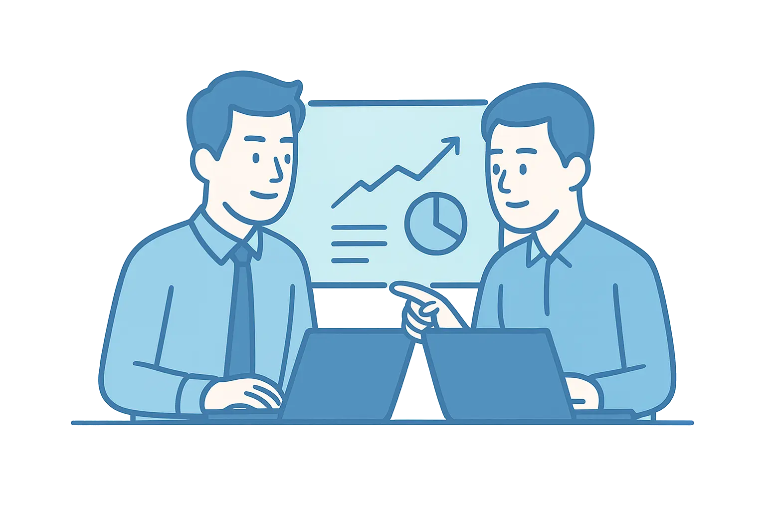Illustration zweier IT-Fachleute vor einem Laptop mit Diagramm – symbolisiert Zusammenarbeit, Monitoring und individuelle IT-Lösungen von Matoni IT.