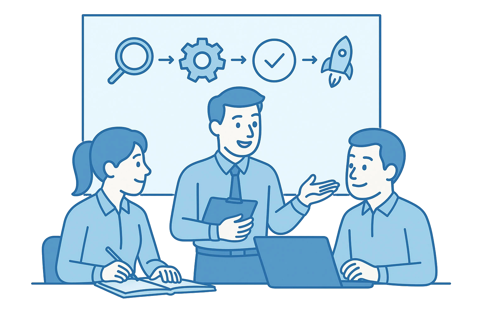 Team bespricht den Ablauf der Softwareentwicklung von Analyse bis Go-Live.