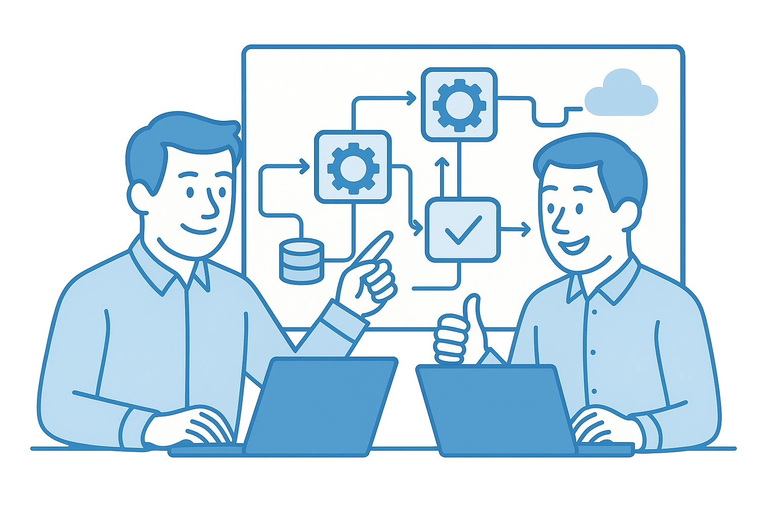 Zwei IT-Spezialisten arbeiten an verbundenen Softwaremodulen und Datenschnittstellen.