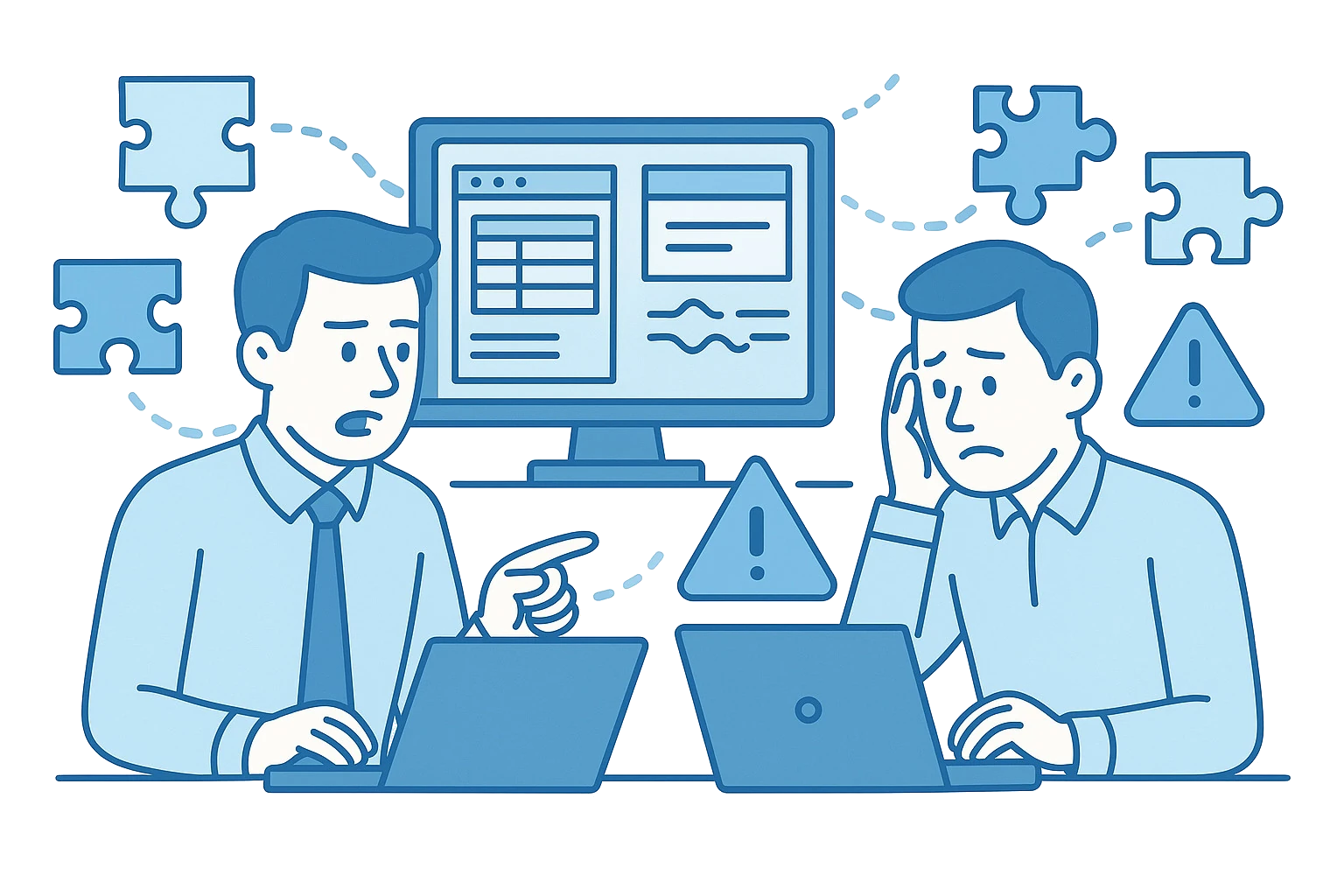 Mitarbeiter besprechen unverbundene Systeme und Softwareprobleme.