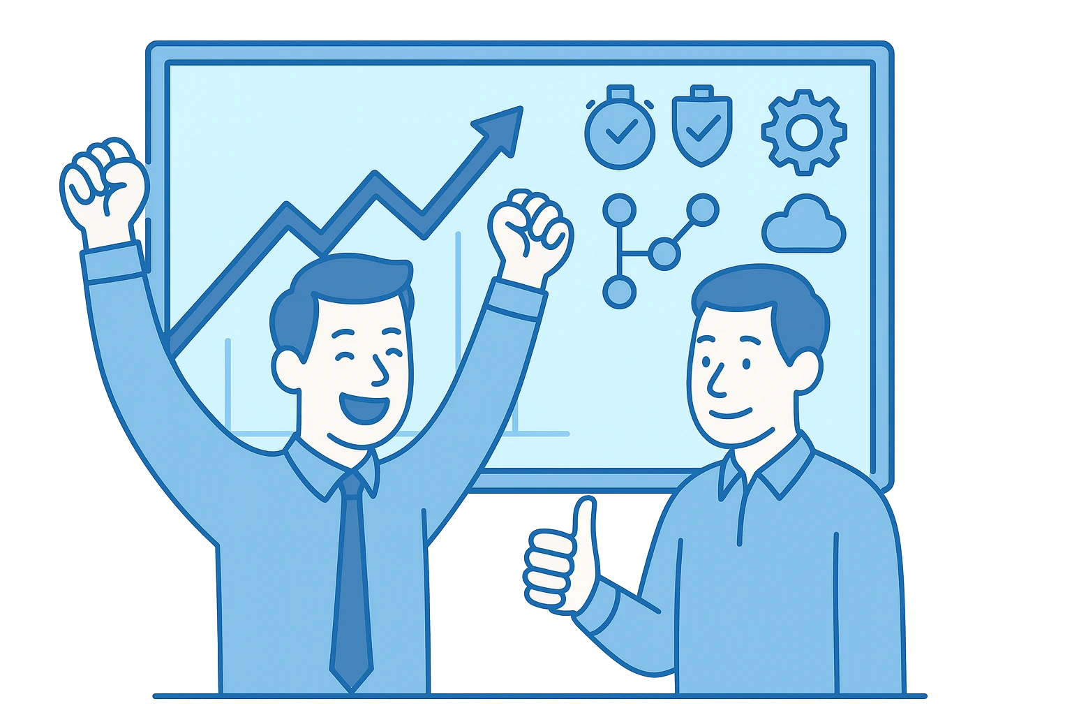 Zwei Mitarbeiter freuen sich über steigende Effizienz und erfolgreiche Softwareentwicklung.