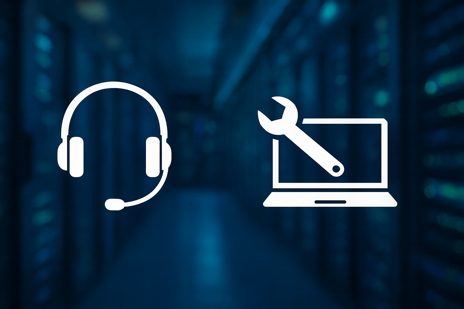 Weißes Headset-Icon und Laptop-Wartungssymbol vor einem blauen Serverraum als Darstellung von professionellem IT-Support.