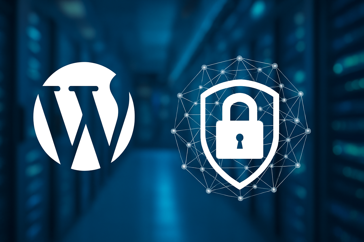 WordPress-Sicherheitsgrafik mit WordPress-Logo und Schloss-Symbol auf Serverraum-Hintergrund