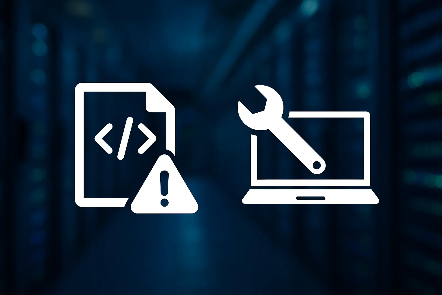Weißes Code-Warnsymbol und Reparatur-Icon vor einem unscharfen Serverraum-Hintergrund als Symbolbild für WordPress-Malware-Bereinigung und IT-Sicherheit.
