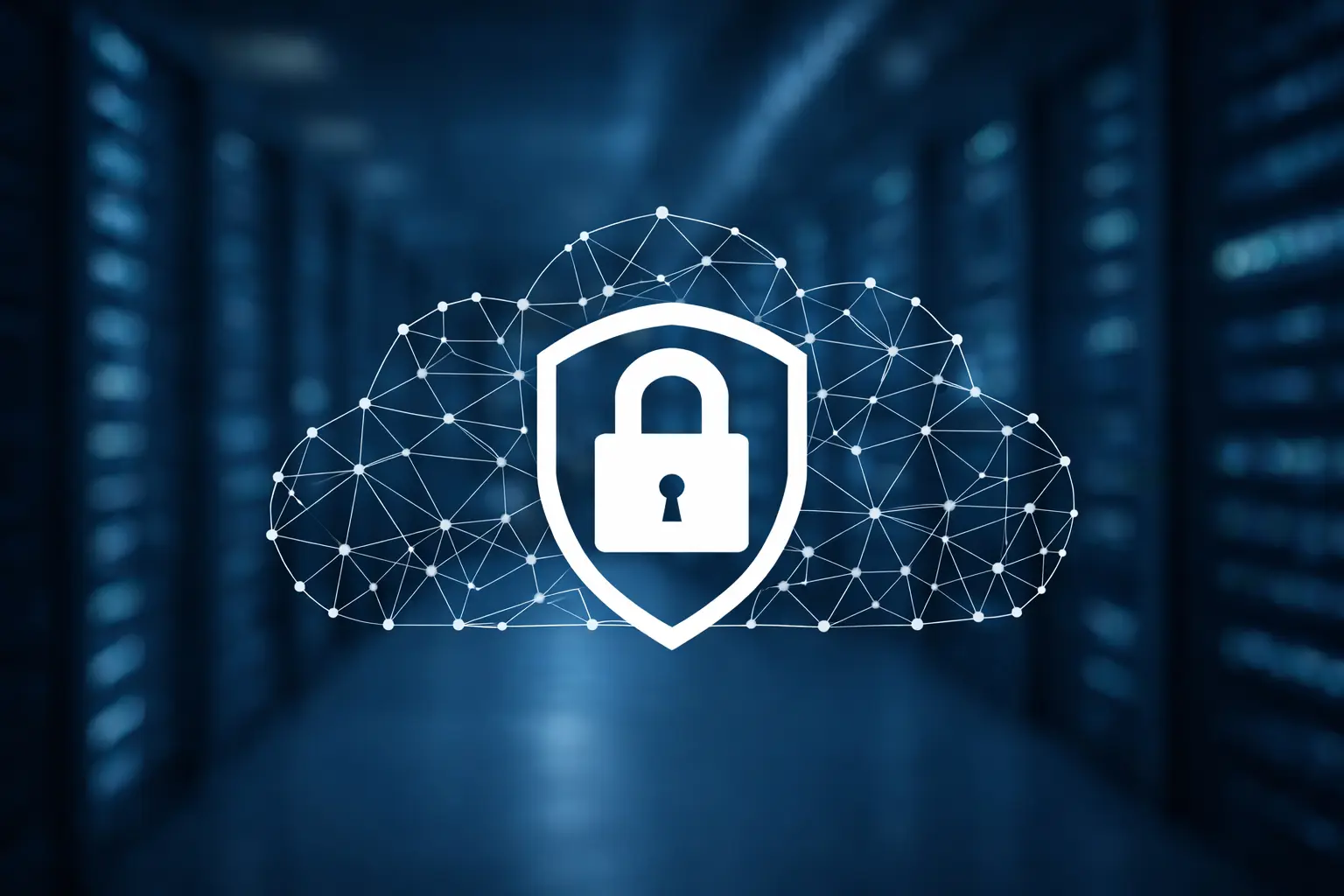 loud-Sicherheitsmaßnahmen: Schutzschild mit Schloss vor vernetzter Cloud-Infrastruktur