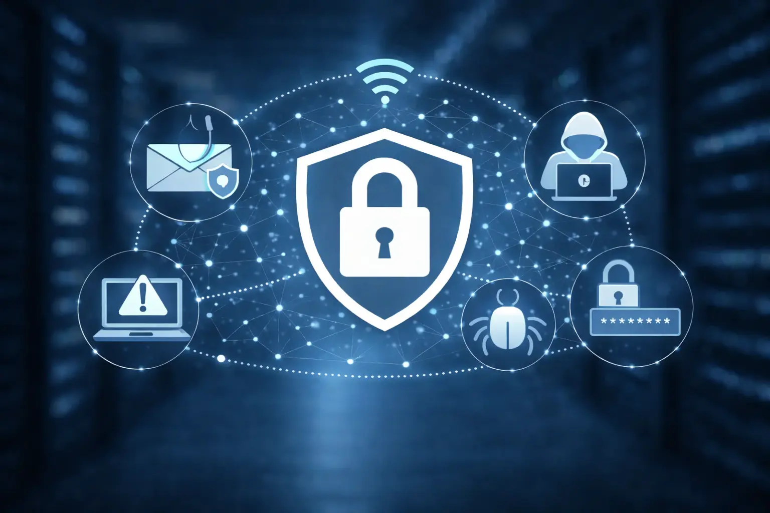 Illustration typischer IT-Angriffsvektoren auf kleine und mittlere Unternehmen: zentrales Sicherheitsschild mit Schloss, umgeben von Symbolen für Phishing, Schadsoftware, Hackerangriffe, Passwortangriffe und unsichere Zugriffe vor Rechenzentrums-Hintergrund.