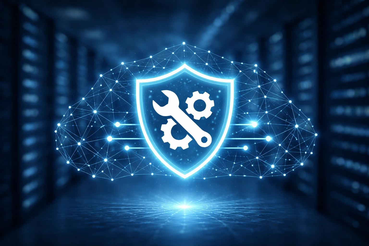 Symbolbild für externen IT-Support im Unternehmen mit Serverraum und Schutzschild