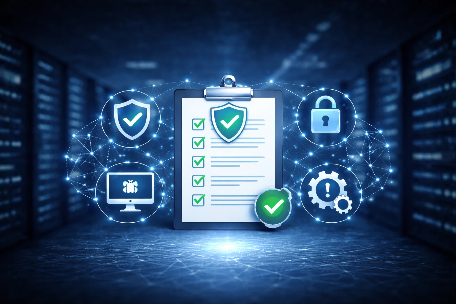 IT-Sicherheitscheckliste für KMU mit Serverraum und Sicherheits-Symbol