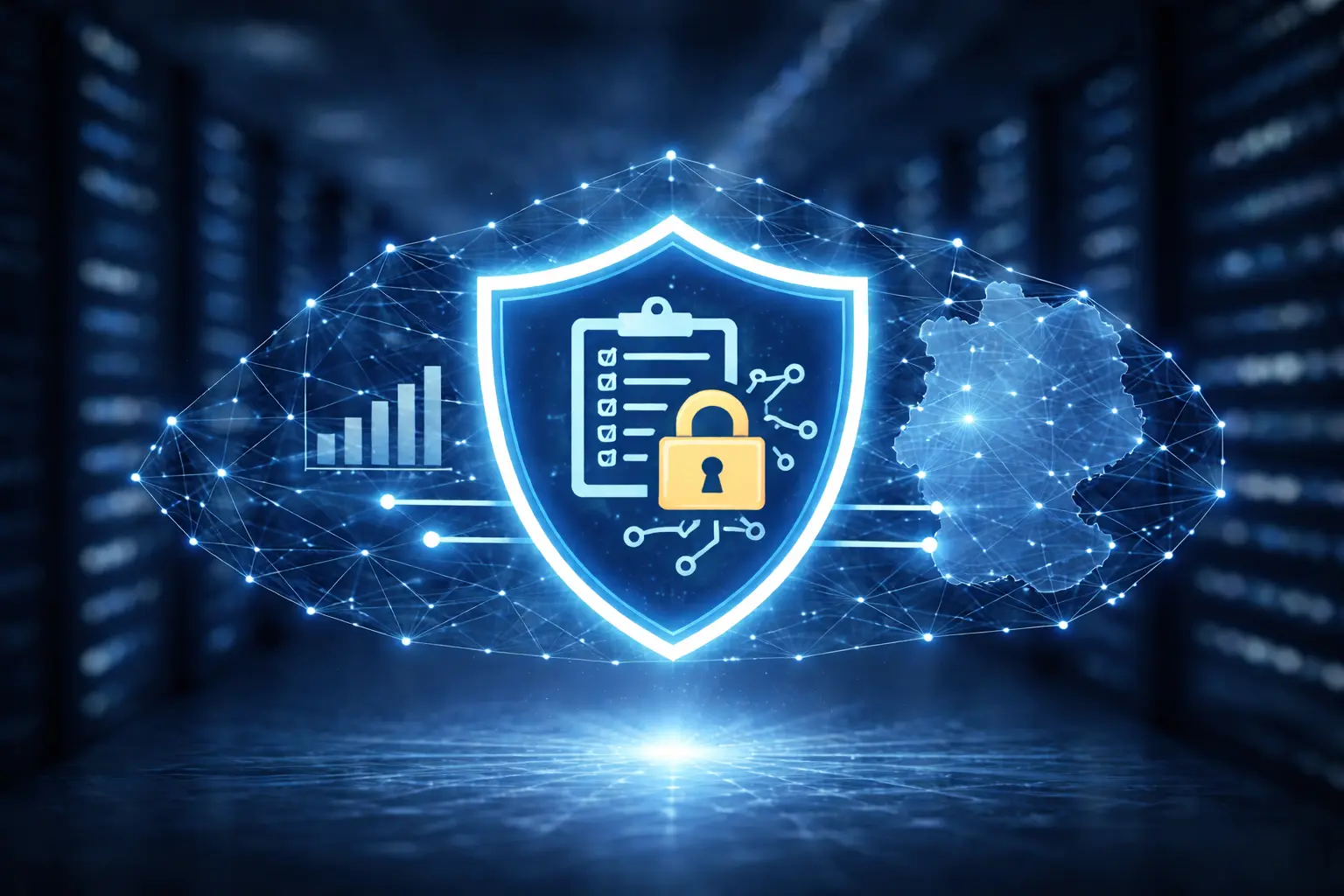 Illustration zum BSI Sicherheitsreport mit digitalem Schutzschild und Deutschlandkarte zur IT-Sicherheitslage