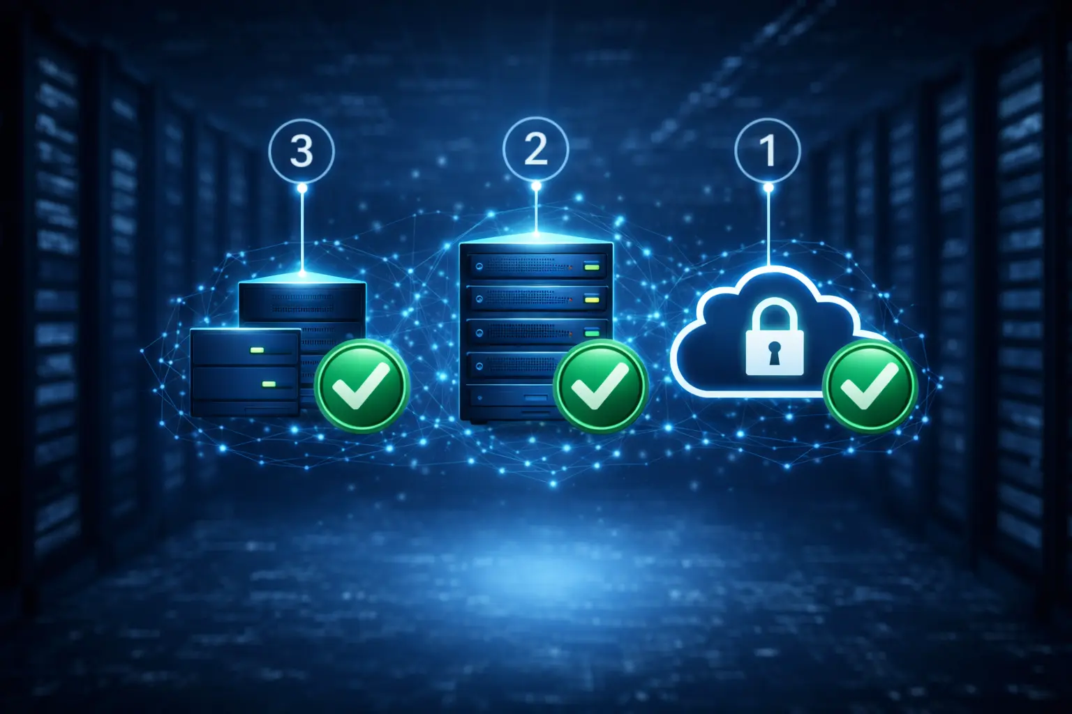 3-2-1-Backup-Regel – drei Kopien auf NAS, externer Festplatte und gesicherter Cloud vor Rechenzentrum-Hintergrund