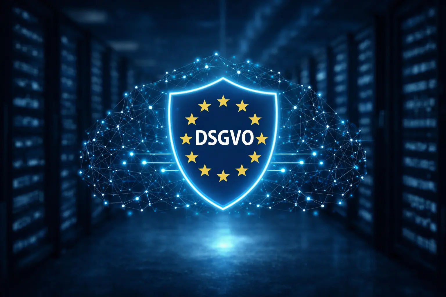 DSGVO-Schutzschild mit EU-Sternen vor Rechenzentrum – symbolisiert technische Maßnahmen für Datenschutz-Compliance