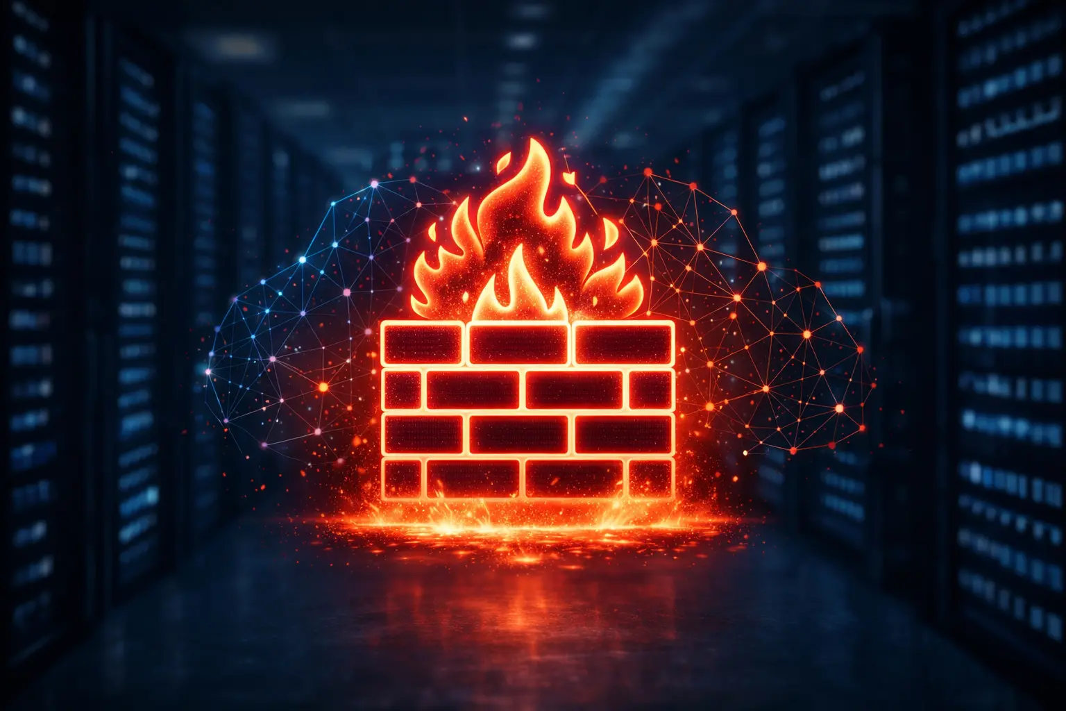Firewall-Symbol – brennende Schutzmauer vor Rechenzentrum symbolisiert Netzwerksicherheit für Unternehmen