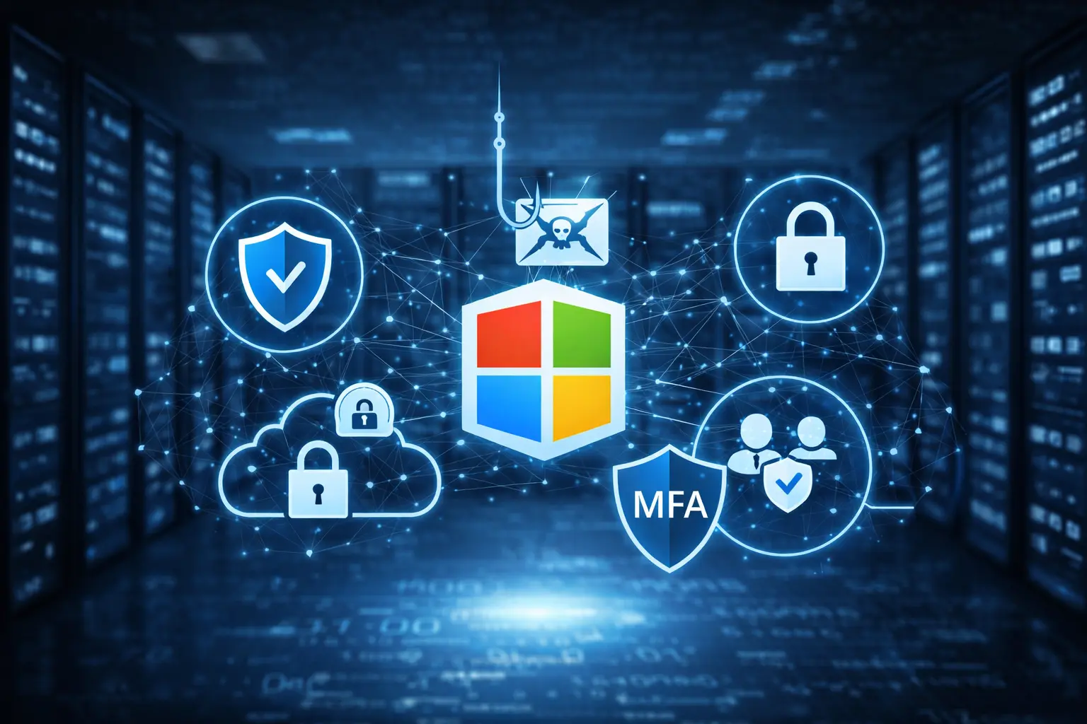 Microsoft 365 Sicherheit – Icons für MFA, Phishing-Schutz, Cloud-Sicherheit und Zugriffsschutz vor Serverraum-Hintergrund