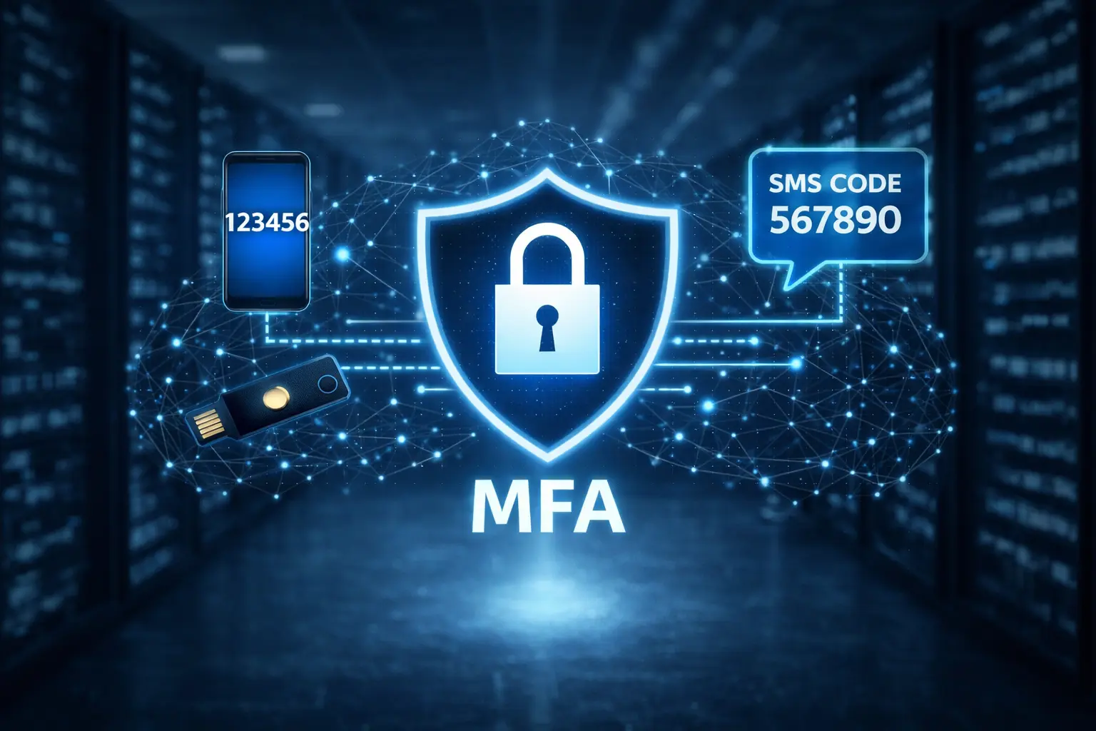 Multi-Faktor-Authentifizierung (MFA) – Schutzschild mit Schloss und Einmalcodes symbolisiert sicheren Login-Schutz vor Cyberangriffen