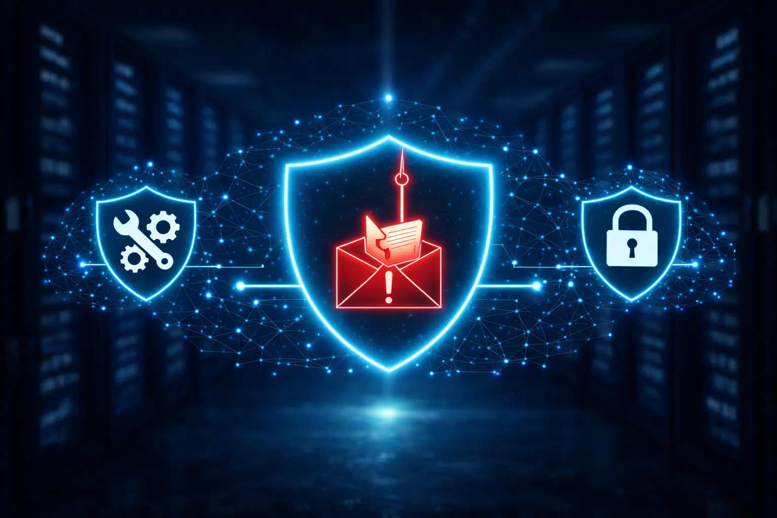 Phishing-Schutz – leuchtendes Schutzschild mit Warnung vor gefährlicher E-Mail vor Rechenzentrum-Hintergrund