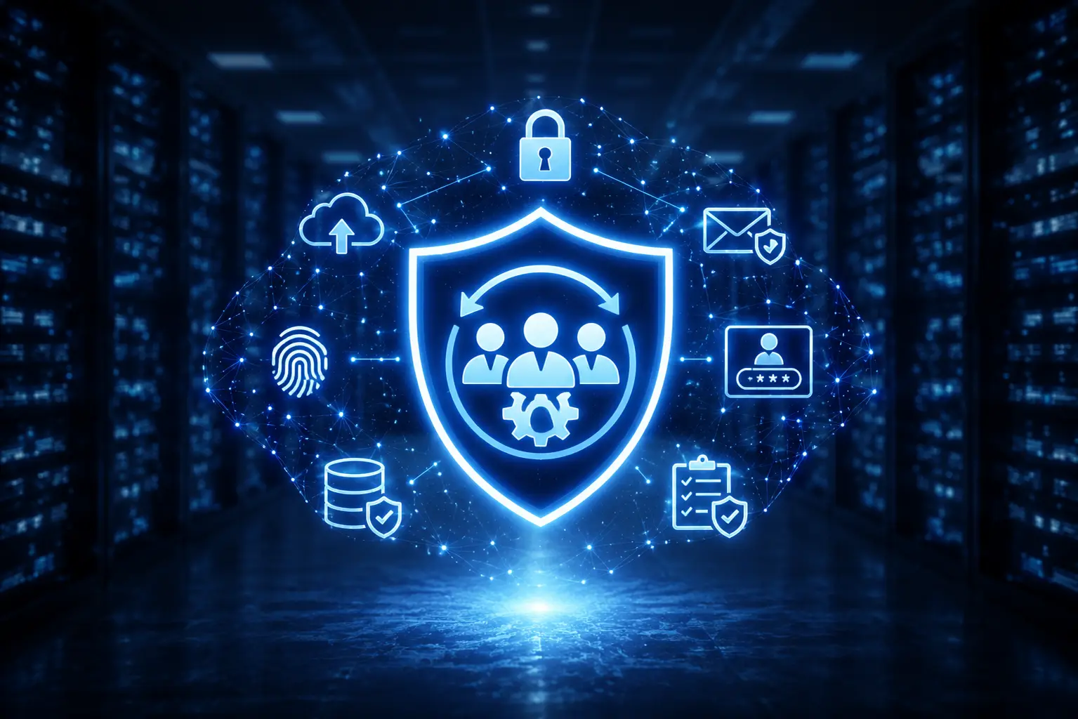 Illustration moderner IT-Sicherheit mit mehreren Schutzebenen, Cybersecurity-Symbolen und Serverraum-Hintergrund