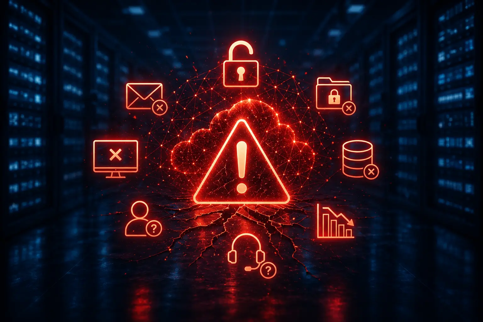 Symbolische Darstellung der Folgen eines erfolgreichen Cyberangriffs mit Warnsymbol und ausgefallenen IT-Systemen in einem Serverraum.