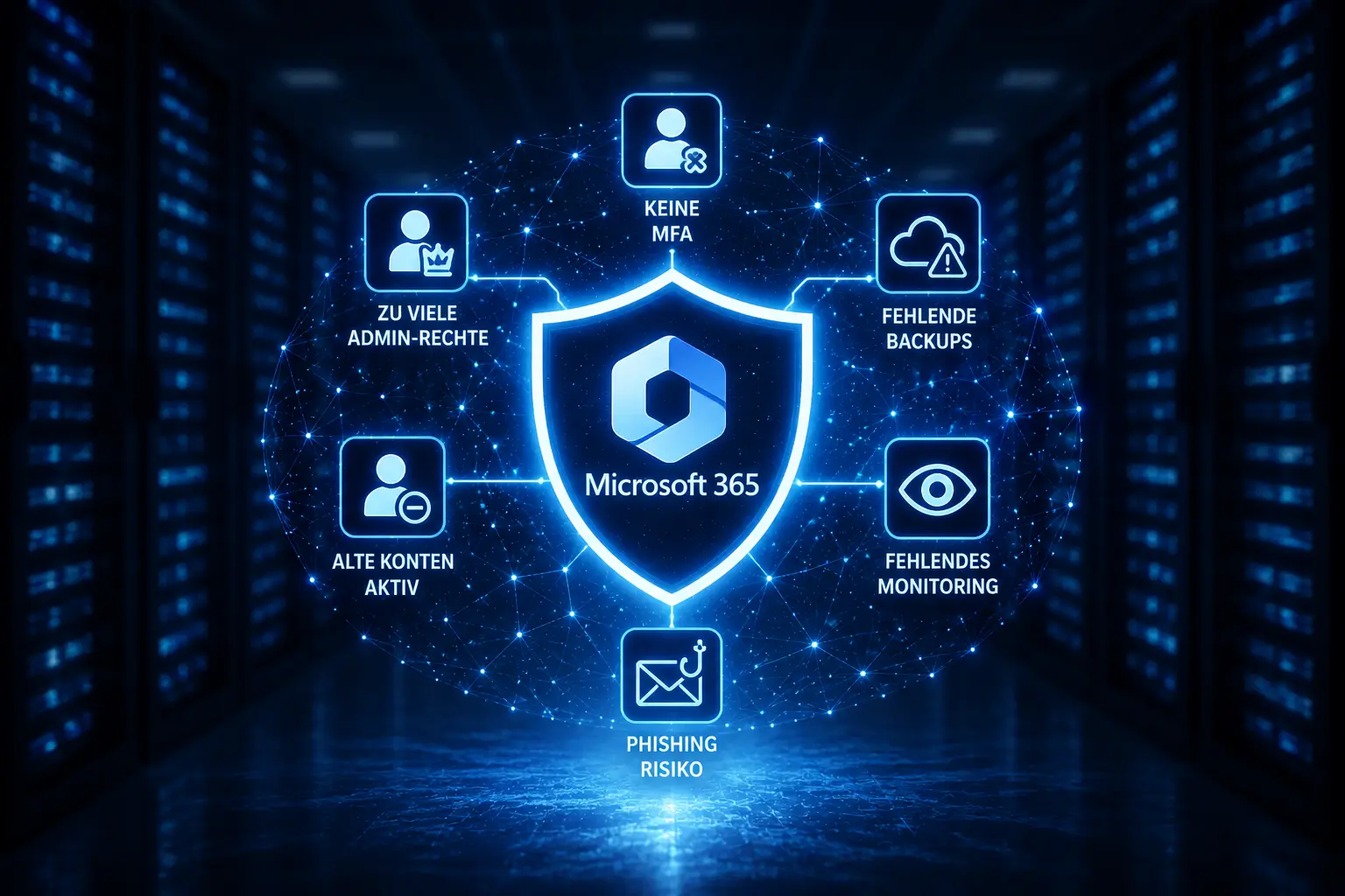 Illustration zu Microsoft-365-Sicherheitsfehlern wie fehlender MFA, Phishing, fehlenden Backups und mangelndem Monitoring