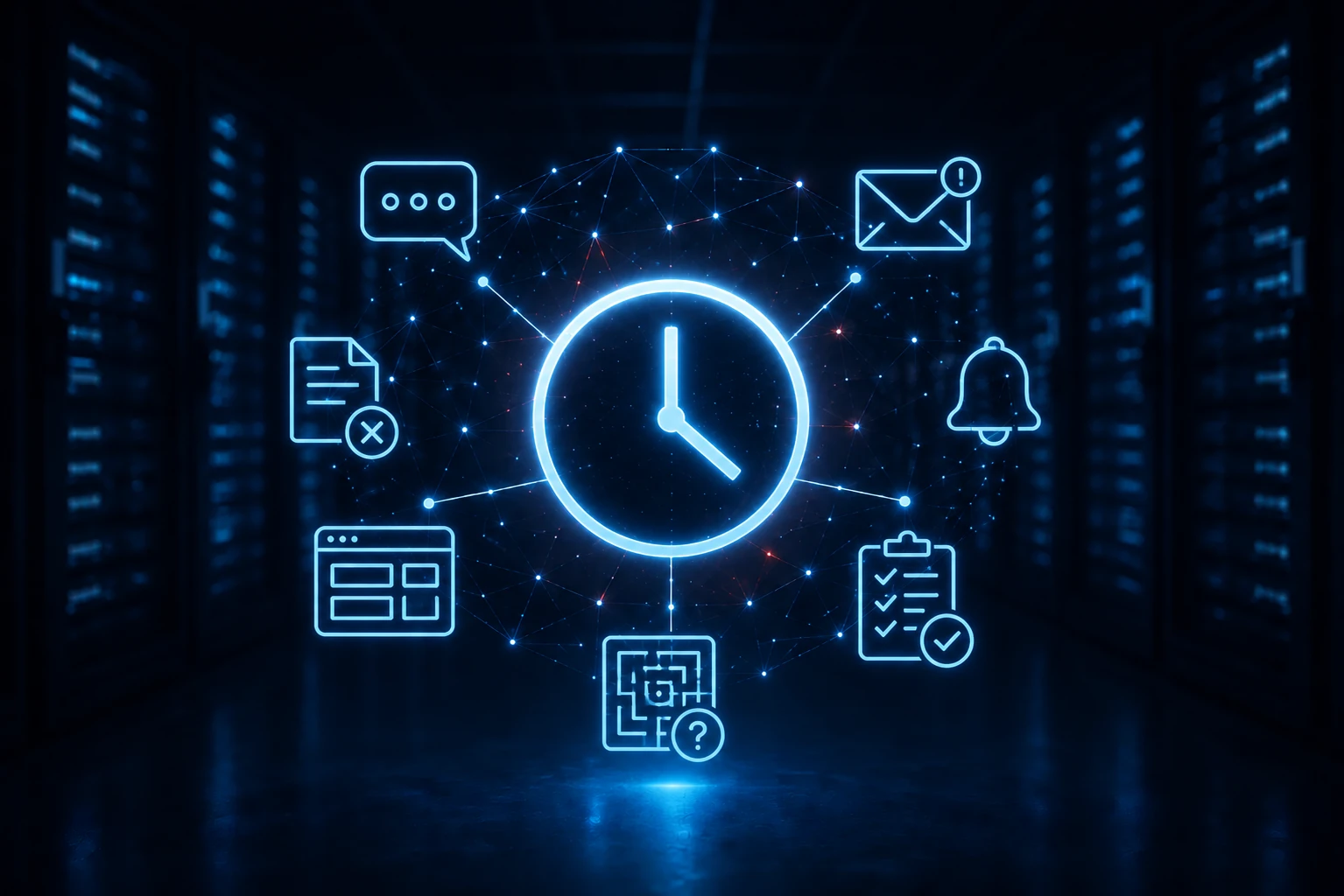 Illustration zu Zeitfressern im Büroalltag mit Serverraum sowie Symbolen für Automatisierung, Dokumente, Uhr, E-Mail und digitale Prozesse.