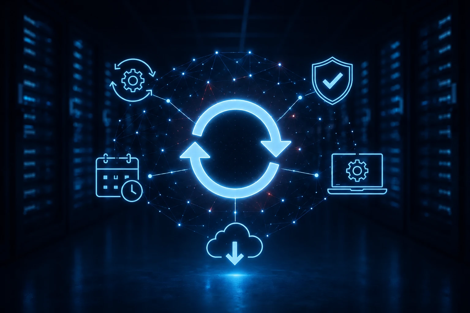 Illustration zu regelmäßigen Software-Updates mit Serverraum sowie Symbolen für Aktualisierung, Sicherheit, Systemverwaltung und Wartung.