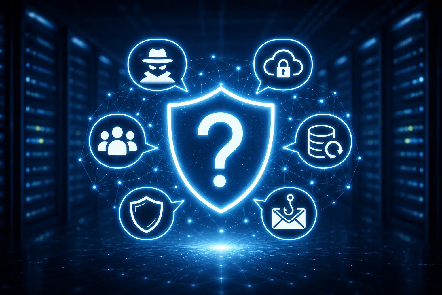 Illustration zu den größten Sicherheitsmythen in kleinen Unternehmen mit leuchtendem Schutzschild und Symbolen für Phishing, Cloud-Sicherheit, Backup und Cyberangriffe.