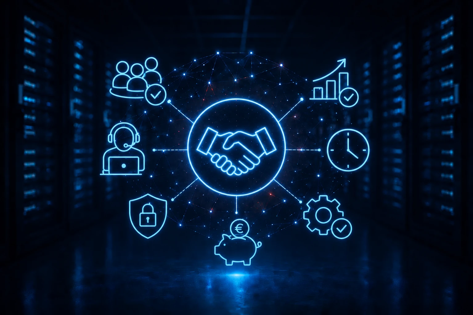 Illustration zu einem externen IT-Dienstleister mit Serverraum sowie Symbolen für IT-Support, Monitoring, Netzwerk, Cloud und Zusammenarbeit.