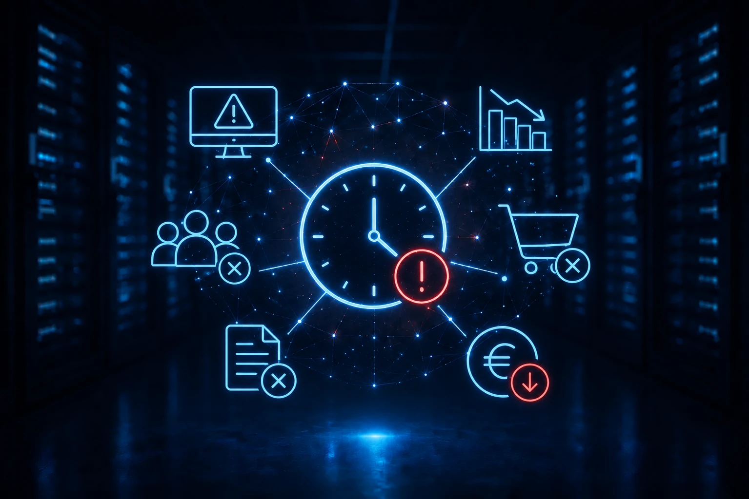 Illustration zu den Kosten eines IT-Ausfalls mit Serverraum sowie Symbolen für Ausfall, Warnung, Uhr, Server und Produktivitätsverlust.
