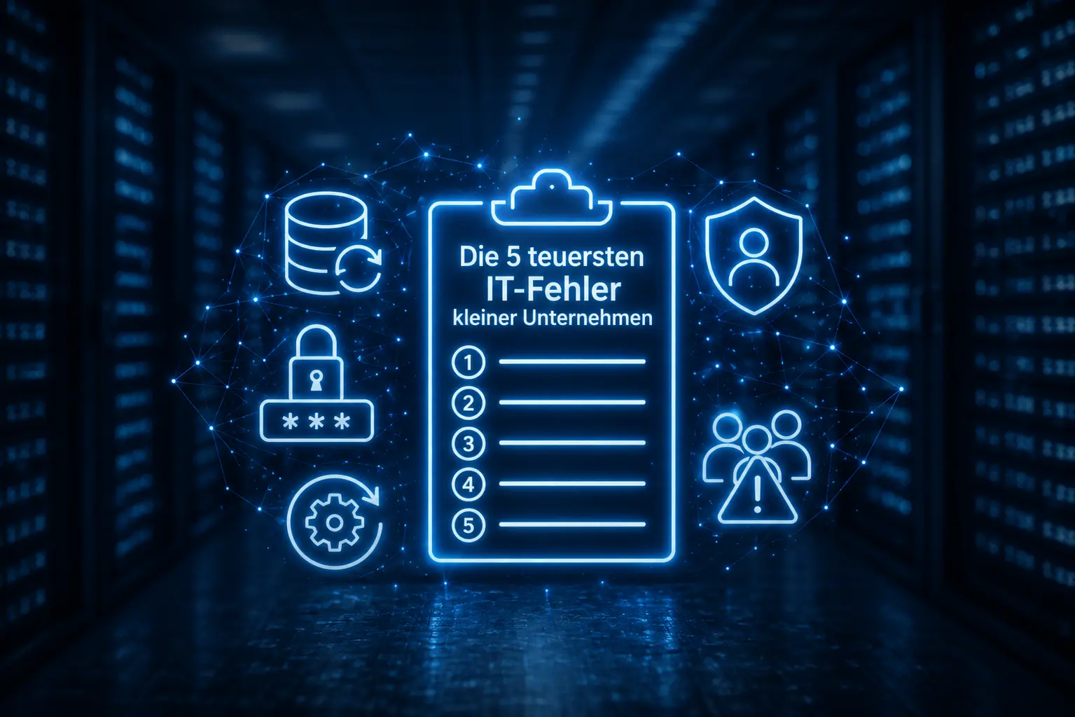 Grafische Darstellung der 5 teuersten IT-Fehler kleiner Unternehmen mit Symbolen für Backup, Passwörter, Updates, Benutzerrechte und IT-Sicherheit.