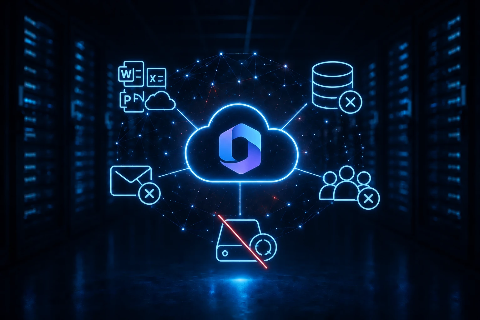 Illustration zu Microsoft 365 Backup mit Serverraum sowie Symbolen für Cloud, Datensicherung, Wiederherstellung und Microsoft 365.