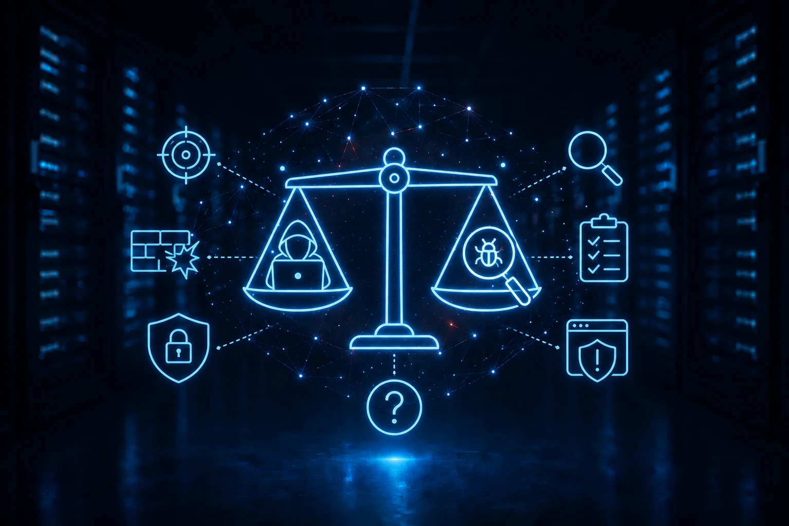 Illustration zum Vergleich von Penetrationstest und Schwachstellenscan mit Serverraum sowie Symbolen für Cyberangriffe, Sicherheitsanalyse, Schwachstellen und IT-Sicherheit.