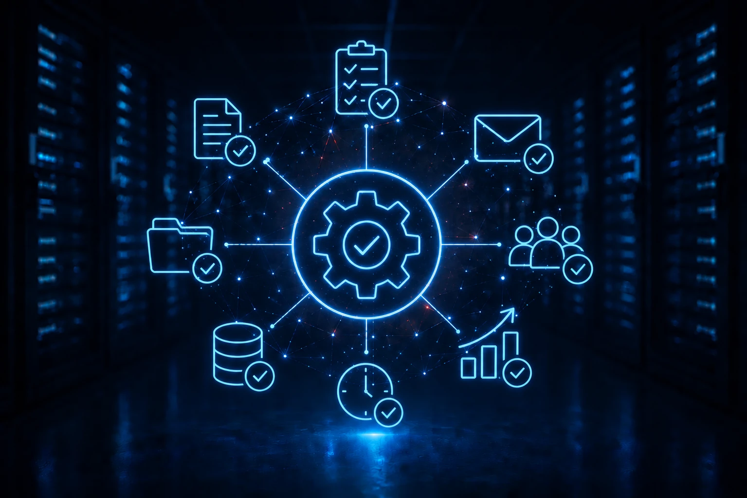 Illustration zur Automatisierung von Geschäftsprozessen mit Serverraum sowie Symbolen für Workflows, Dokumente, Zahnräder, Cloud und digitale Abläufe.