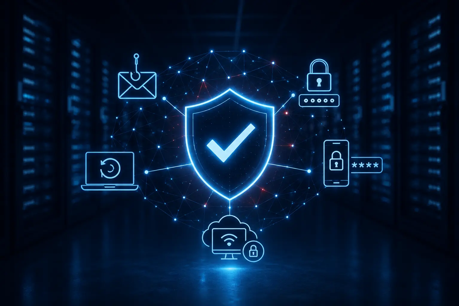 Grafik zu typischen Einfallstoren von Ransomware-Angriffen mit Phishing, schwachen Passwörtern, fehlender MFA und Sicherheitsmaßnahmen vor Server-Hintergrund.