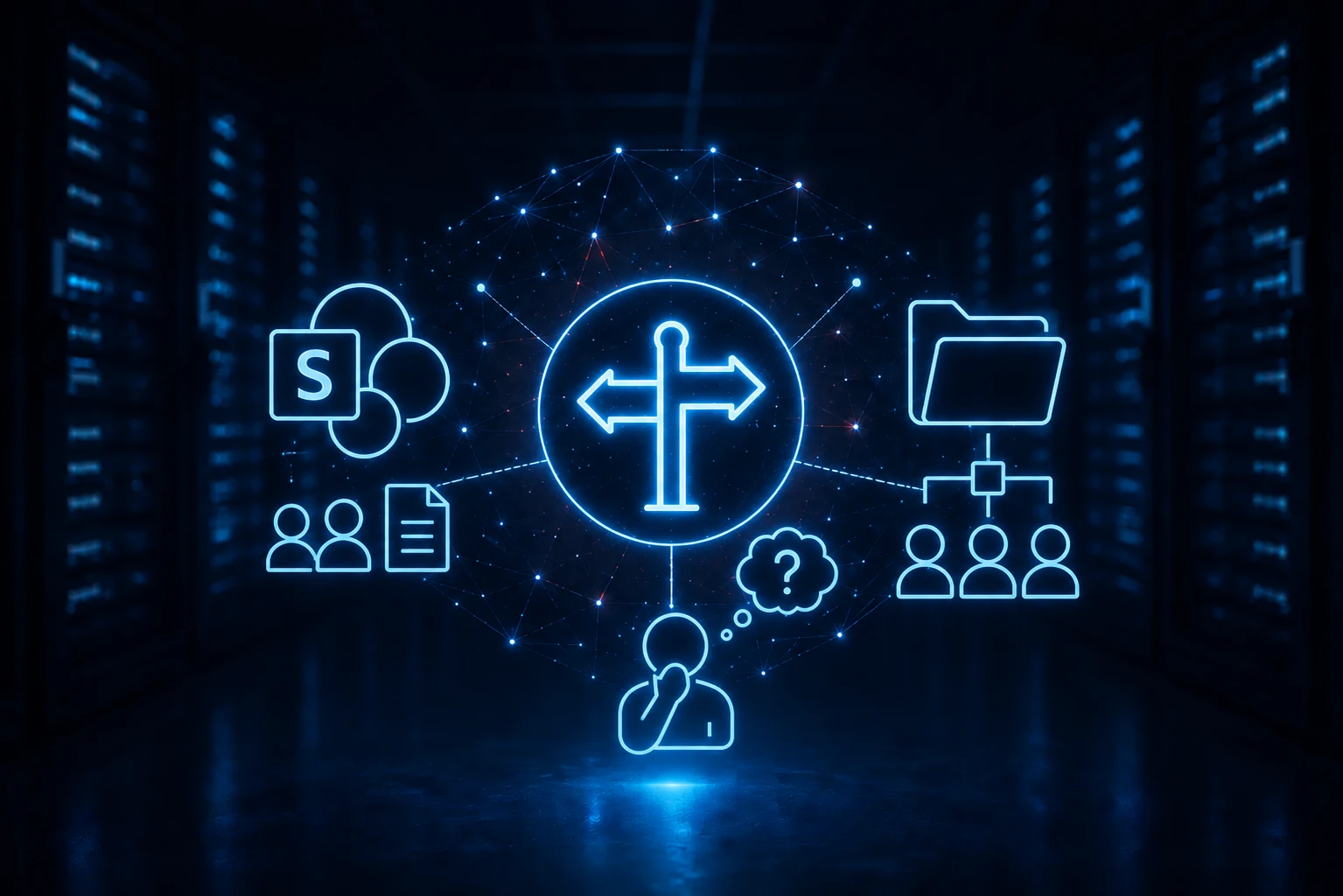 Illustration zum Vergleich von SharePoint und Netzlaufwerk mit Serverraum sowie Symbolen für Cloud, Dateien, Zusammenarbeit und Netzwerk.