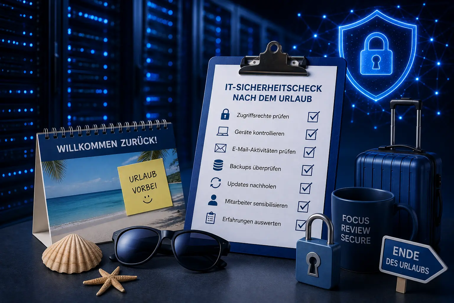 IT-Sicherheitscheck nach dem Urlaub für KMU mit Checkliste, Servern und Urlaubssymbolen