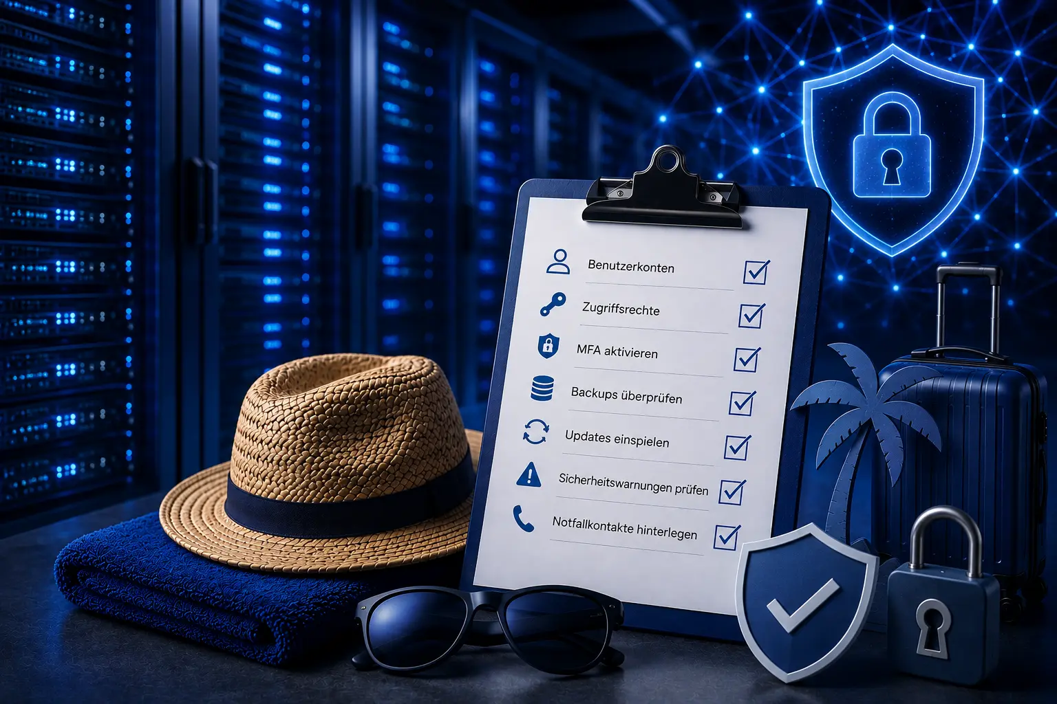 IT-Sicherheitscheck vor dem Urlaub für KMU mit Checkliste, Servern und Reisesymbolen