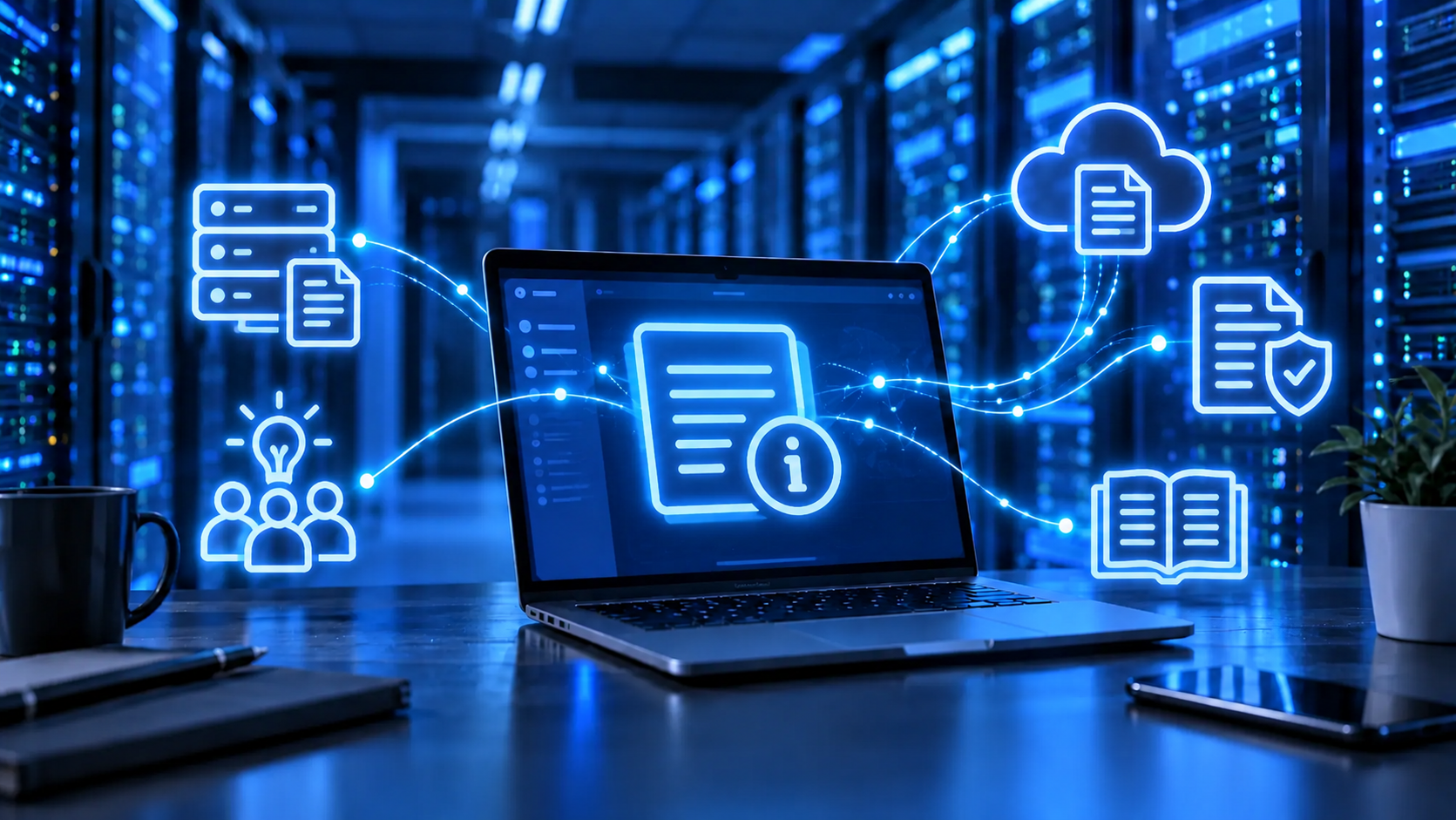 IT-Dokumentation mit Laptop, Servern, Cloud-Speicher und digitalen Wissensdokumenten